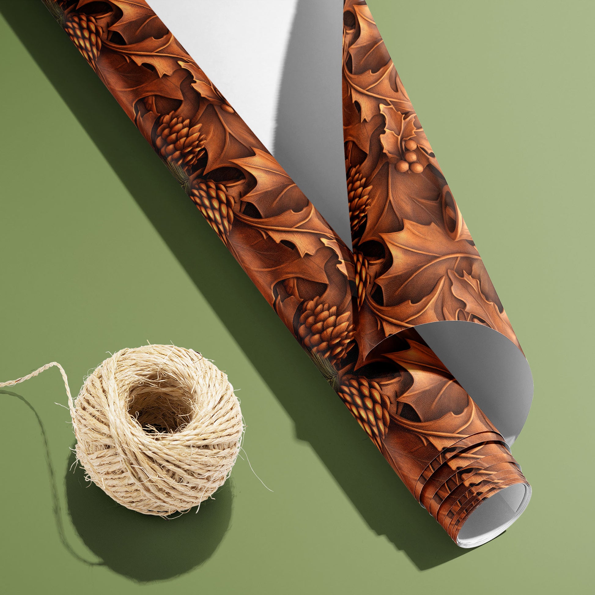 A partially unfurled roll of Timberland Treasures with its white underside visible beside a spool of natural twine, showing woodcarved leaves, pinecones, and bells on a sage green surface.