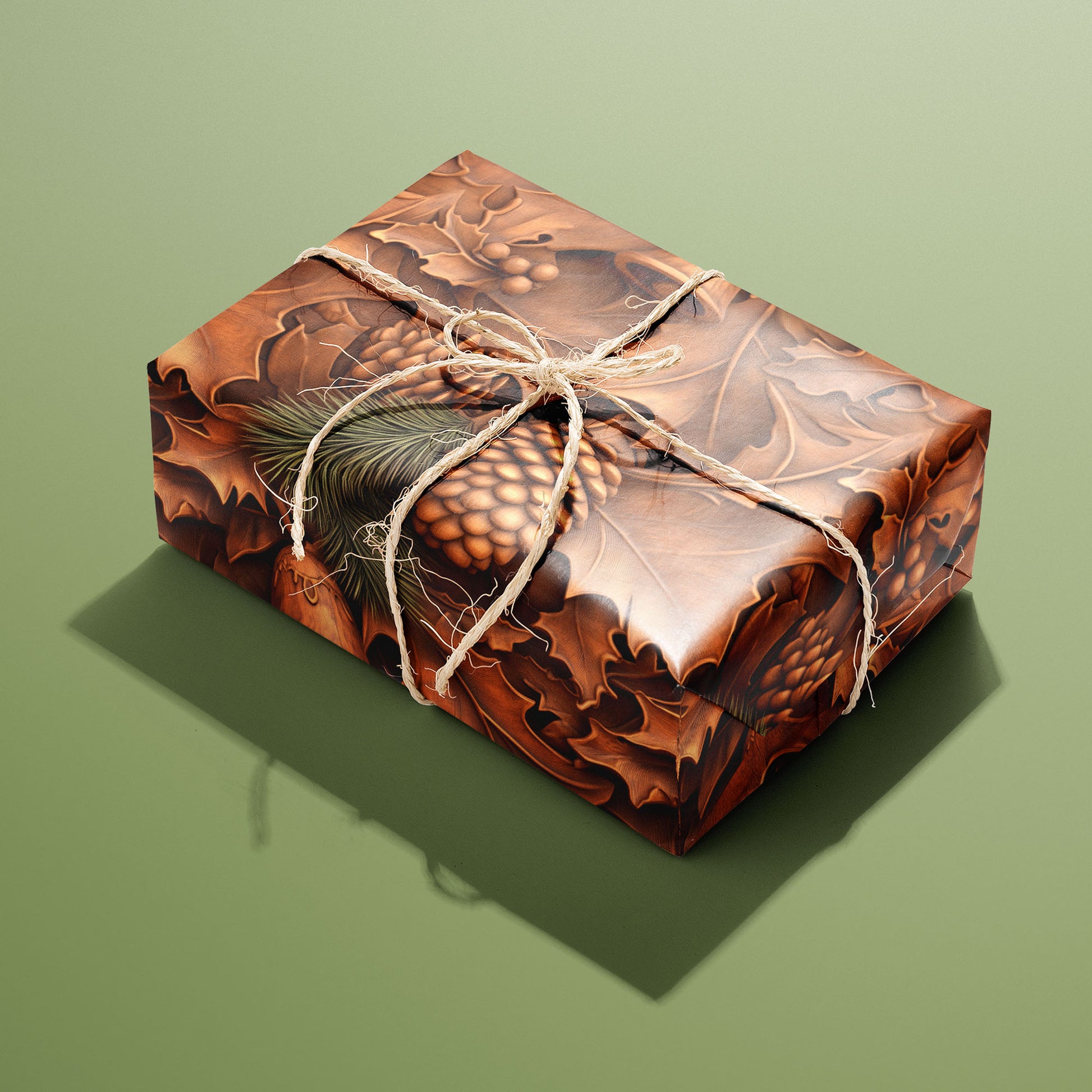 A single gift wrapped in Timberland Treasures and tied with natural twine, displaying woodcarved oak leaves, pinecones, and berries in warm browns on a sage green surface.