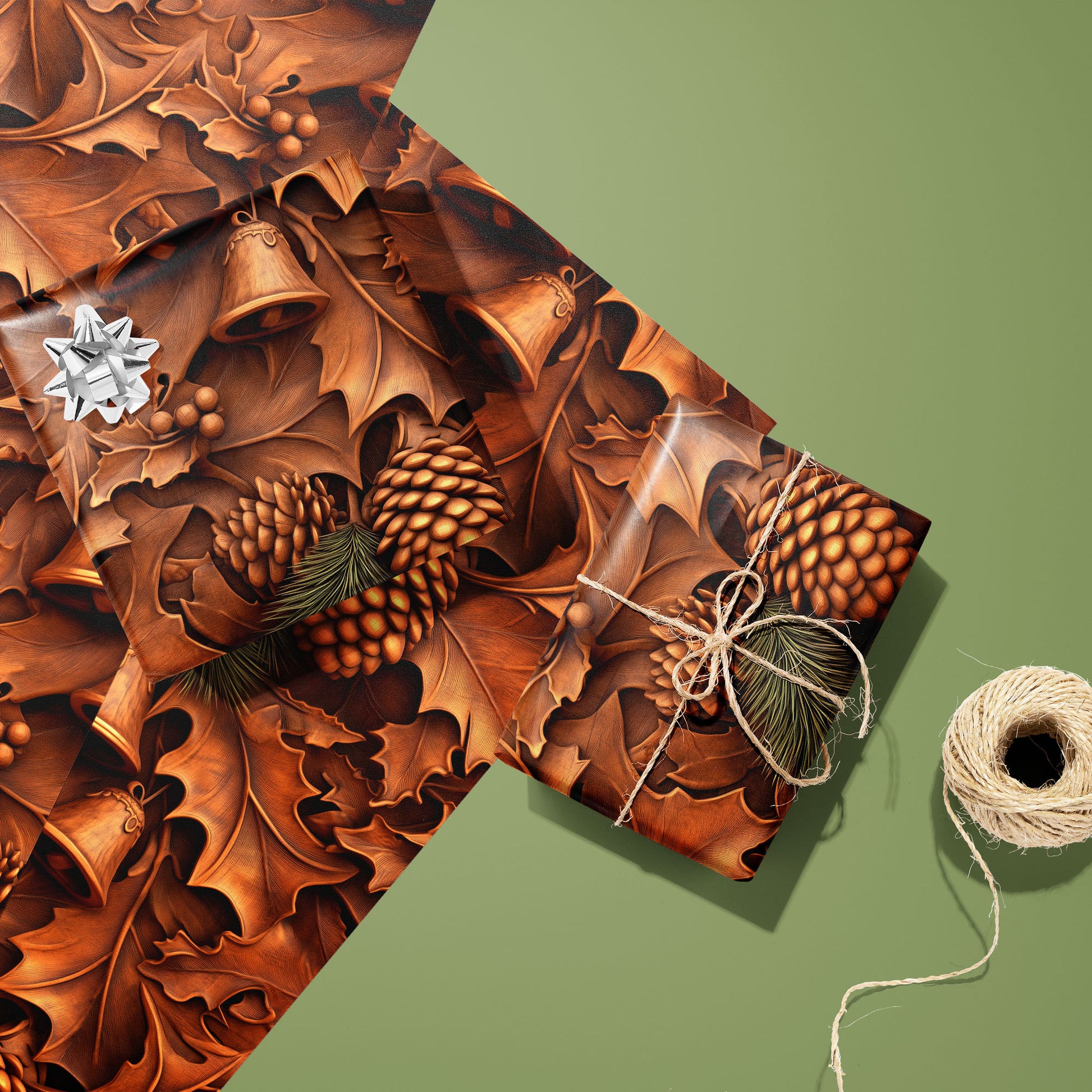Two gifts wrapped in Timberland Treasures—one with a silver bow and one tied with twine—rest on two unused sheets beside a twine spool on a sage green surface with woodland carvings.
