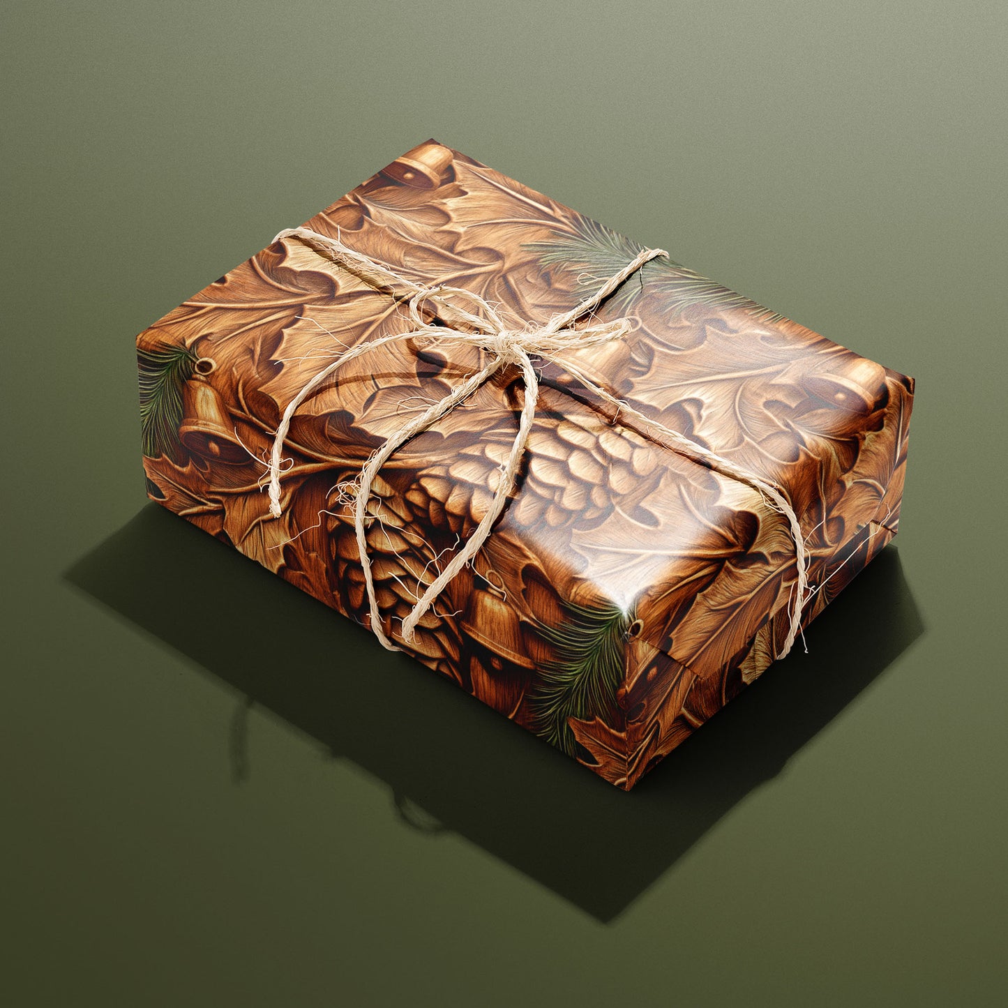A single rectangular gift wrapped in Pinewood Bells and tied with natural twine highlights woodcarved bells, pinecones, and oak leaves on an olive green backdrop.