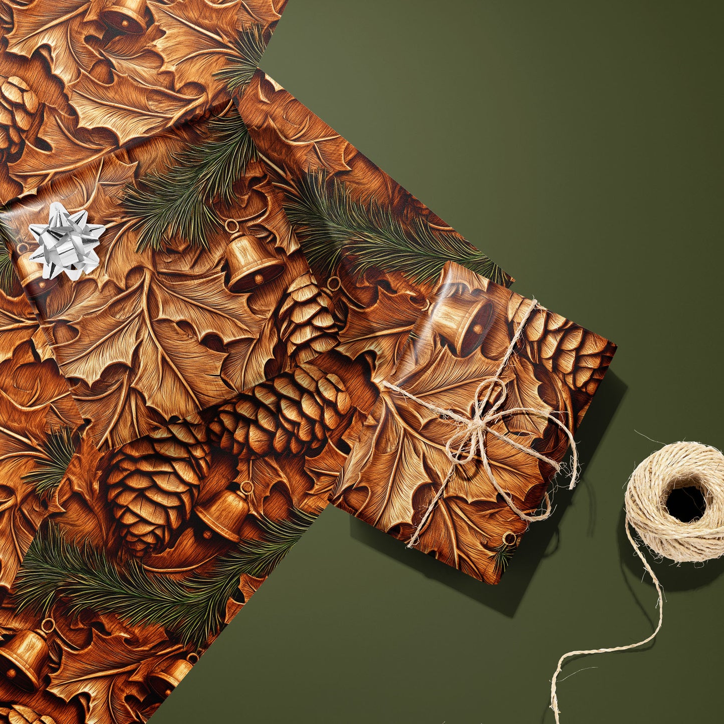 Two Pinewood Bells gifts—one with a silver bow and one tied with twine—rest on two unused sheets beside a twine spool on an olive green surface, showing carved bells and pinecones.
