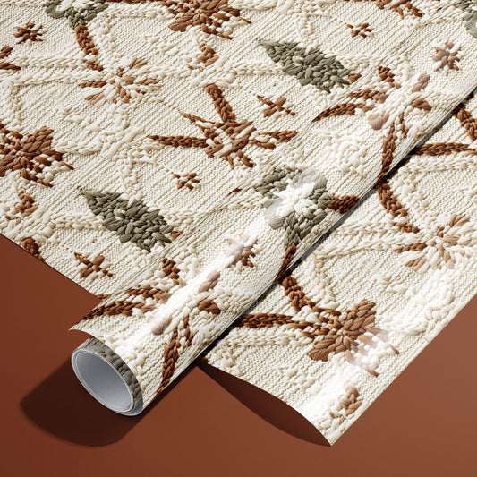 A roll of Festive Fibers wrapping paper rests on an unrolled sheet, featuring knit-style stars and pine trees in cream, brown, and sage on a terracotta surface.