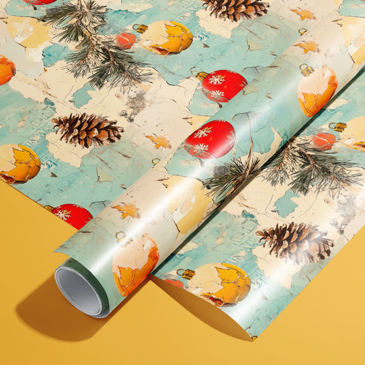 A roll on an unrolled sheet of Faded Flair wrapping paper with distressed paint textures, red and amber ornaments, pine boughs, and pinecones on teal and cream, set on a golden ochre background.