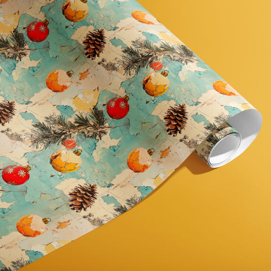A partially unfurled roll of Faded Flair wrap showing chipped-paint collage, vintage red and amber baubles, pine sprigs, and cones on teal and cream against a golden ochre background.