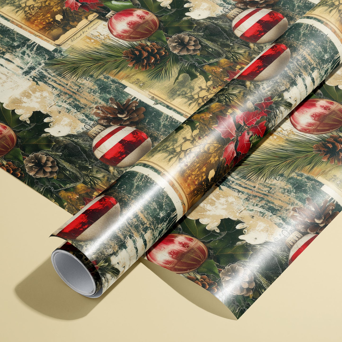 A roll of Vintage Yuletide rests on an unrolled sheet, showing red glass ornaments, pine boughs, holly, and vintage postcard collage with distressed texture on a pale yellow surface.