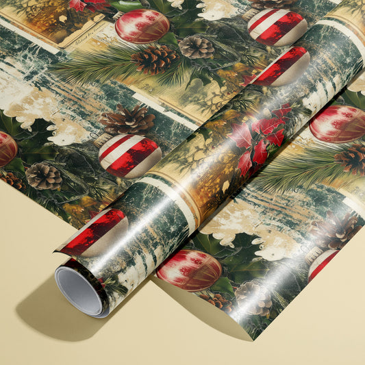 A roll of Vintage Yuletide rests on an unrolled sheet, showing red glass ornaments, pine boughs, holly, and vintage postcard collage with distressed texture on a pale yellow surface.