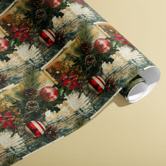 A partially unfurled roll of Vintage Yuletide reveals nostalgic ornaments, pinecones, poinsettia and postcard vignettes with a worn patina, styled on a pale yellow background.