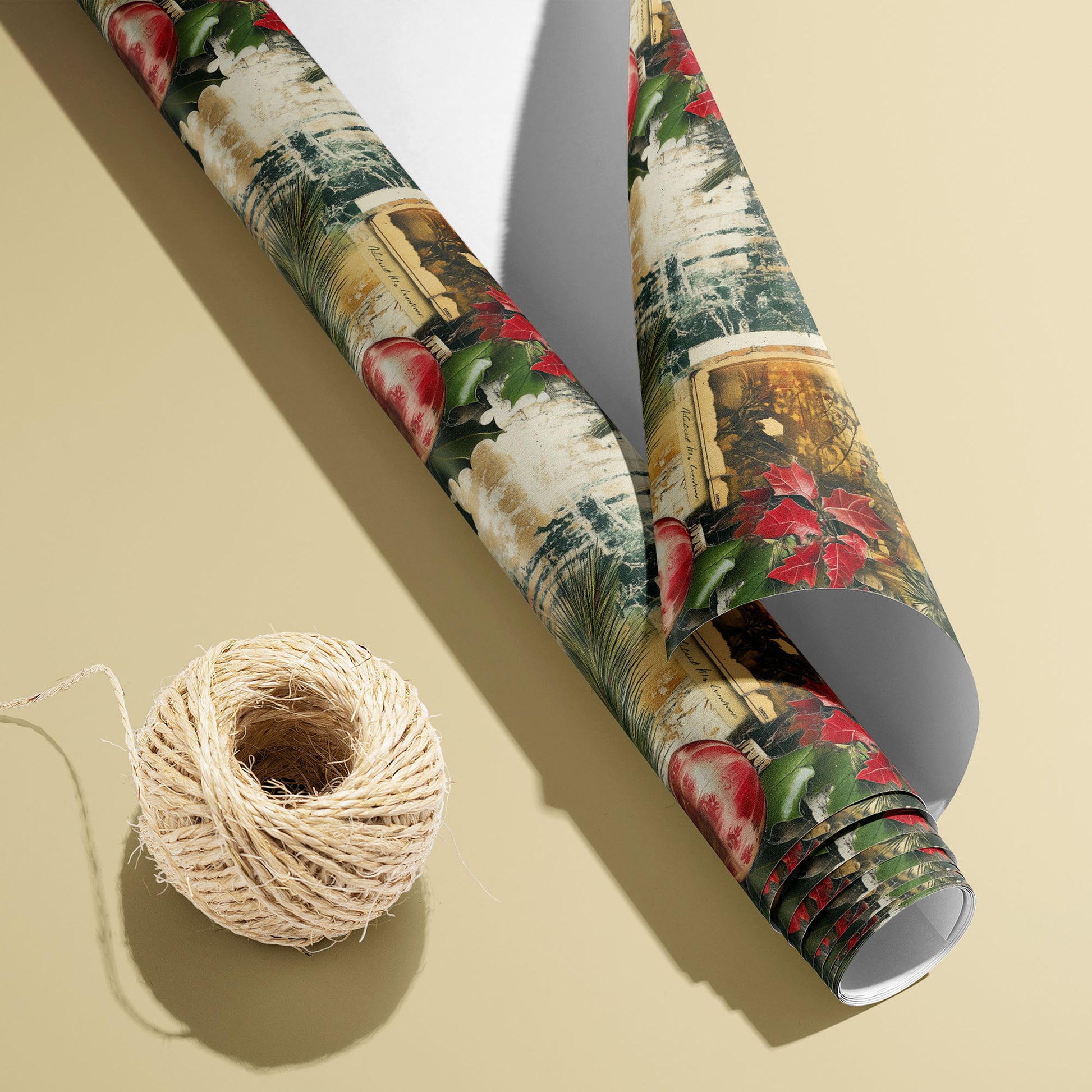 A partially unfurled roll of Vintage Yuletide, white underside visible beside a spool of natural twine, features ornaments, pine and holly over a timeworn collage on a pale yellow surface.