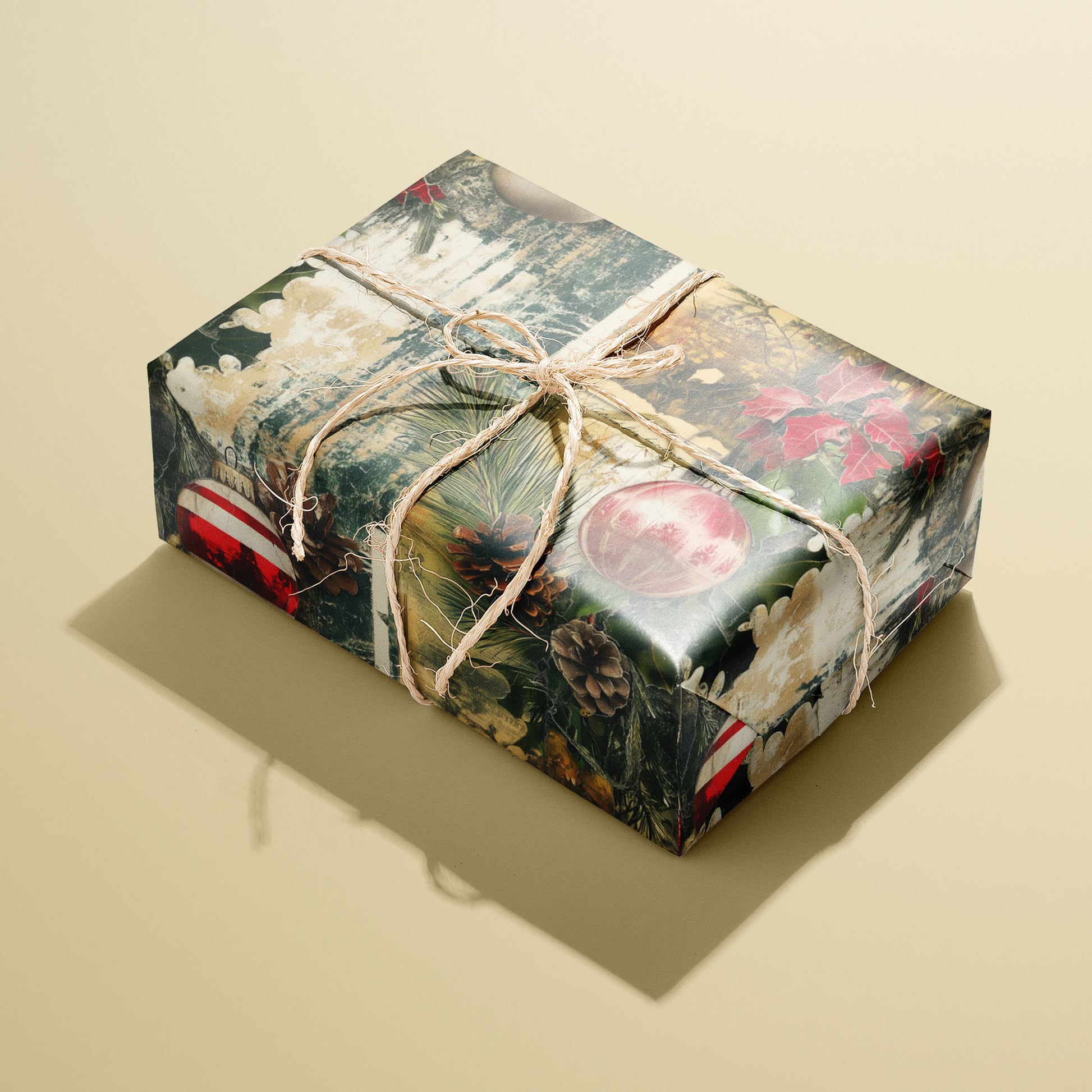 A single rectangular gift wrapped in Vintage Yuletide and tied with natural twine shows red ornaments, pine needles and postcard imagery with distressed texture on a pale yellow backdrop.