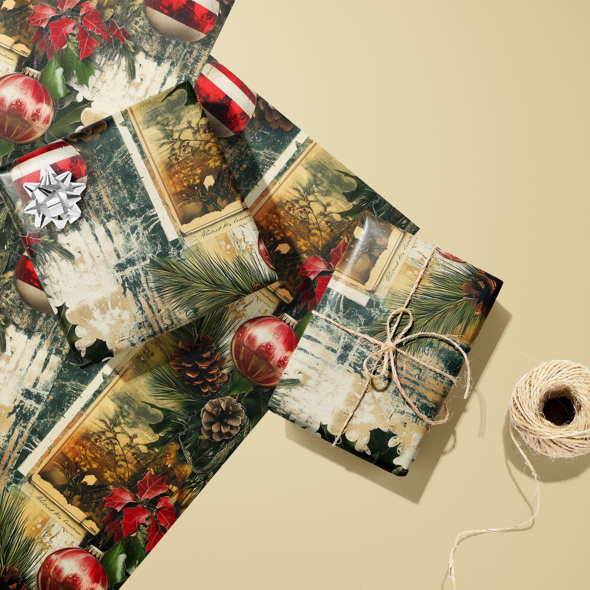Two Vintage Yuletide gifts—one with a silver bow, one tied with twine—sit on two unused sheets beside a twine spool on a pale yellow surface, featuring ornaments, pine and vintage postcards.