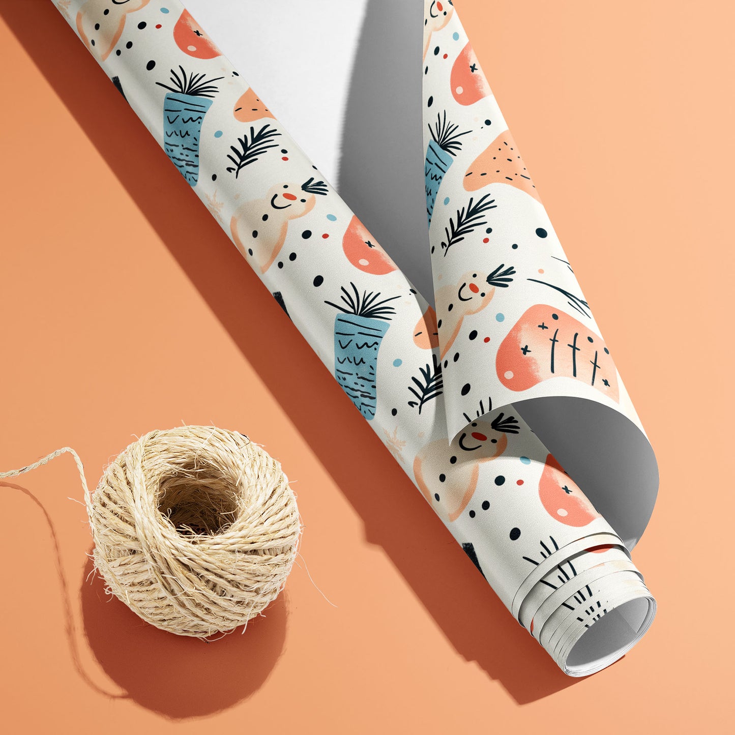 A partially unfurled Snowy Stockings roll with the white underside visible beside a spool of natural twine, featuring snowmen and stockings on a peach background.