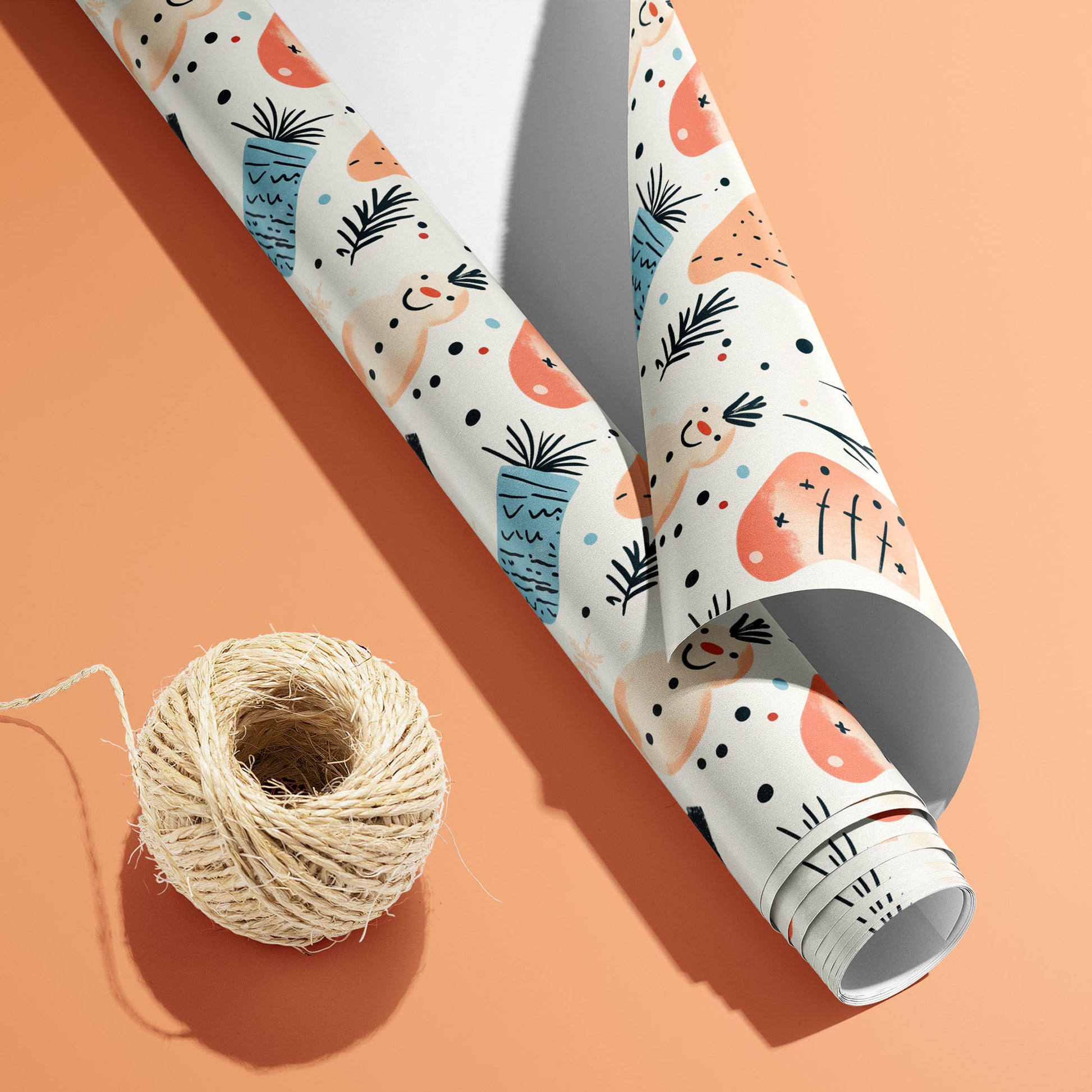 A partially unfurled Snowy Stockings roll with the white underside visible beside a spool of natural twine, featuring snowmen and stockings on a peach background.