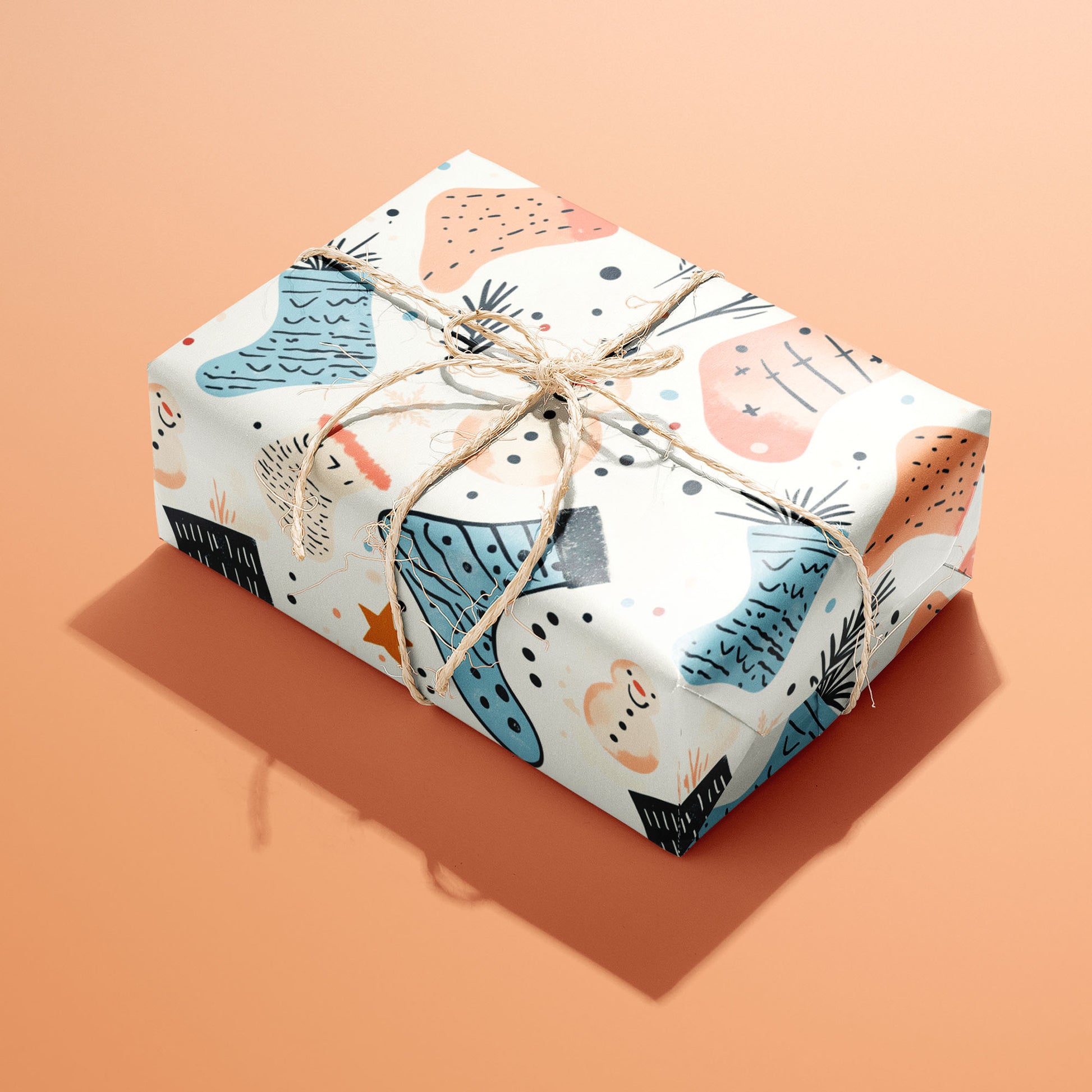 A single rectangular gift wrapped in Snowy Stockings paper—snowmen, stockings, and pine sprigs—tied with natural twine on a peach background.