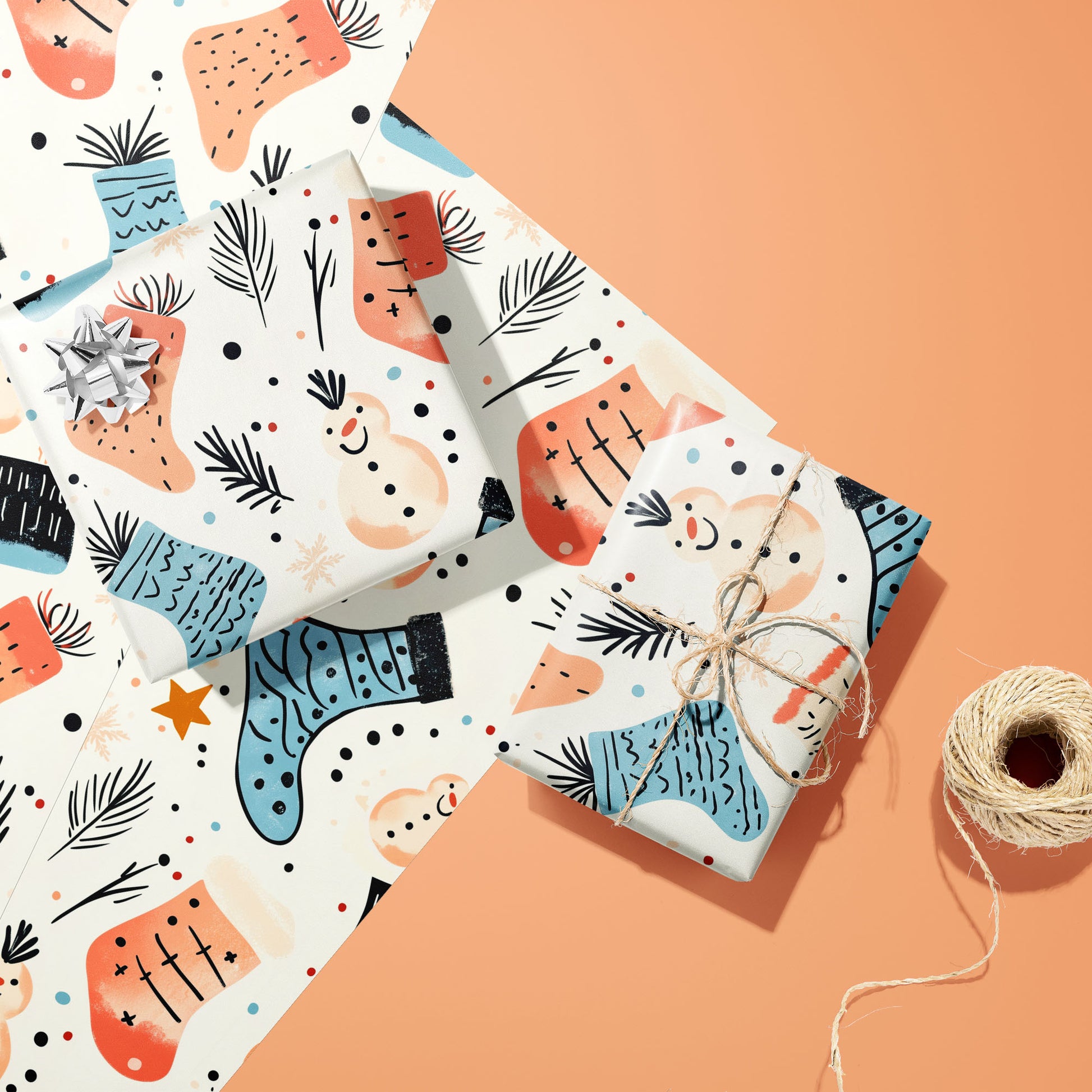 Two gifts in Snowy Stockings—one with a silver bow and one tied with twine—rest on two unused sheets beside a spool of twine on a peach background.