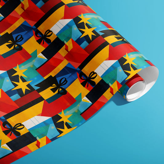 A partially unfurled roll of Joyful Jumble shows colorful blocky gift boxes with black bows and scattered stars on a sky-blue backdrop.