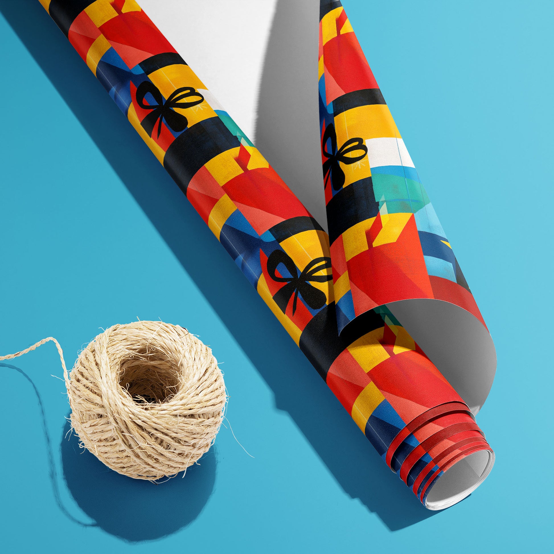 A partially unfurled roll of Joyful Jumble with the white underside visible sits beside natural twine on a sky-blue surface, revealing bright gift boxes and stars.