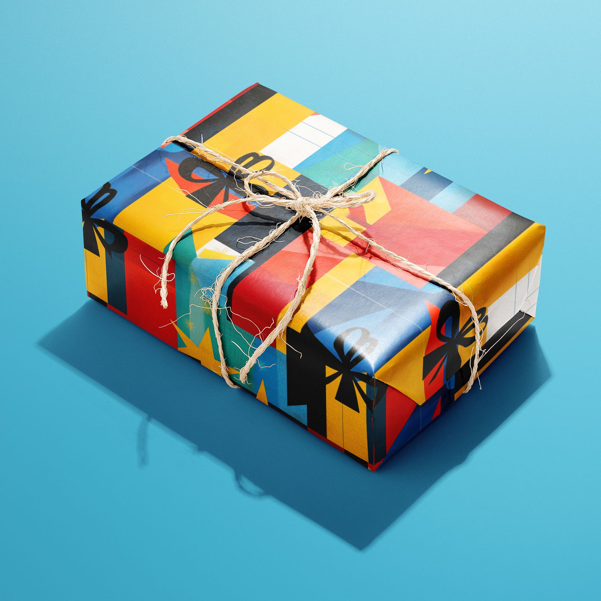 A single gift wrapped in Joyful Jumble and tied with natural twine displays geometric gift boxes, bows, and stars against a sky-blue background.