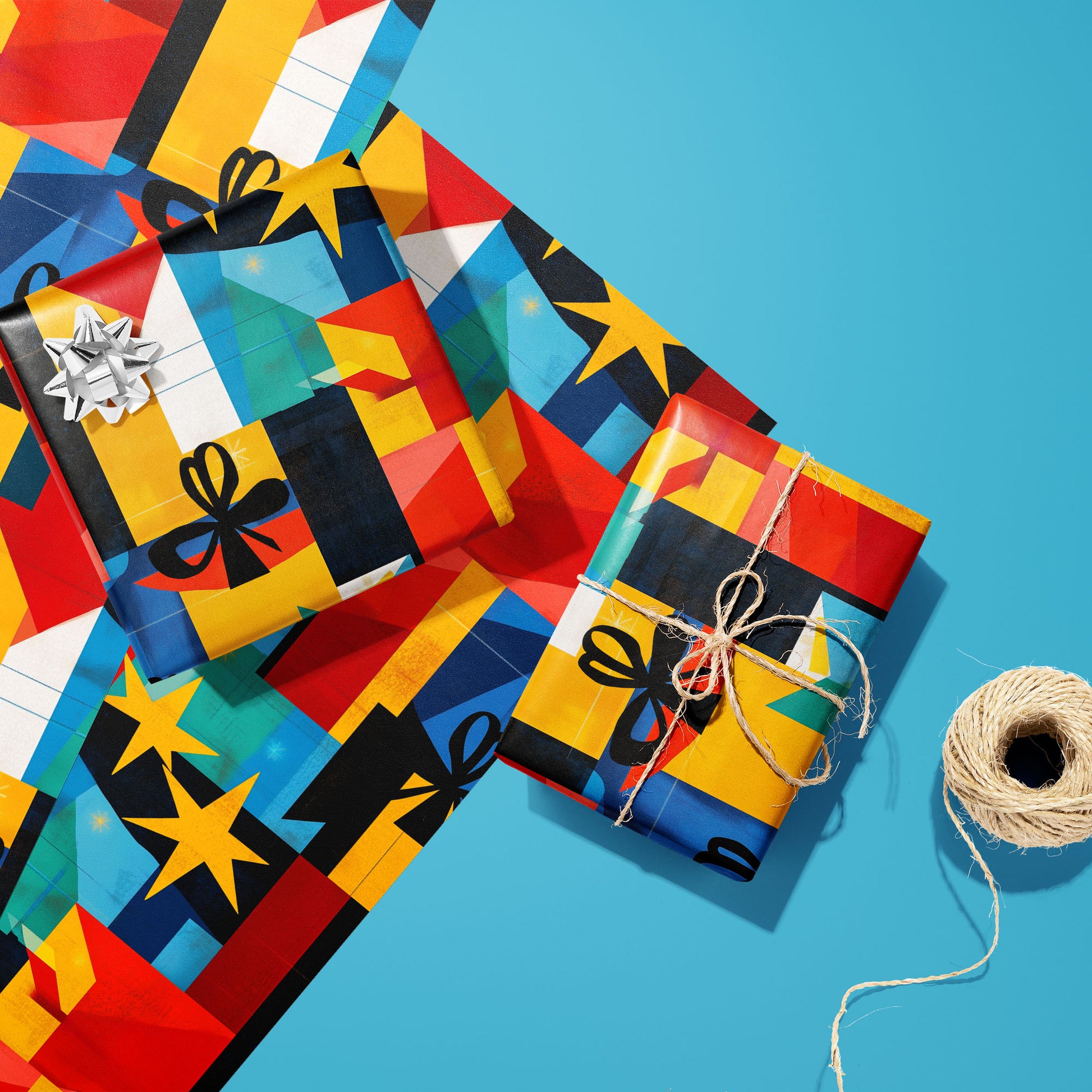 Two gifts in Joyful Jumble—one silver-bowed and one tied with twine—rest on two unused sheets with colorful gift boxes and stars beside a twine spool on a sky-blue surface.