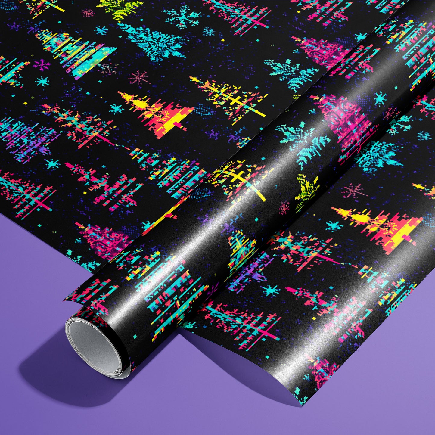 A roll of Glitchmas Trees rests on an unrolled sheet, showing pixel-glitched Christmas trees with RGB shift and scanline textures on a dark ground, styled on an electric purple surface.