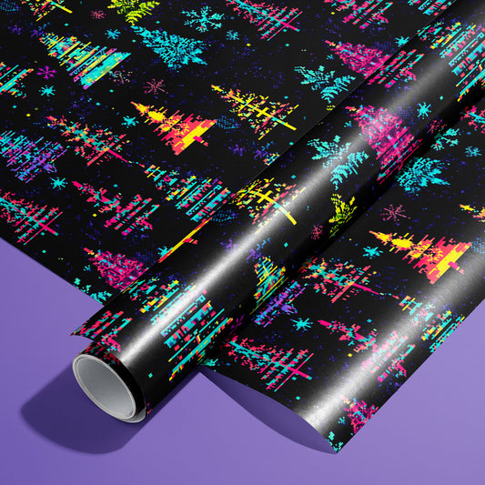 A roll of Glitchmas Trees rests on an unrolled sheet, showing pixel-glitched Christmas trees with RGB shift and scanline textures on a dark ground, styled on an electric purple surface.