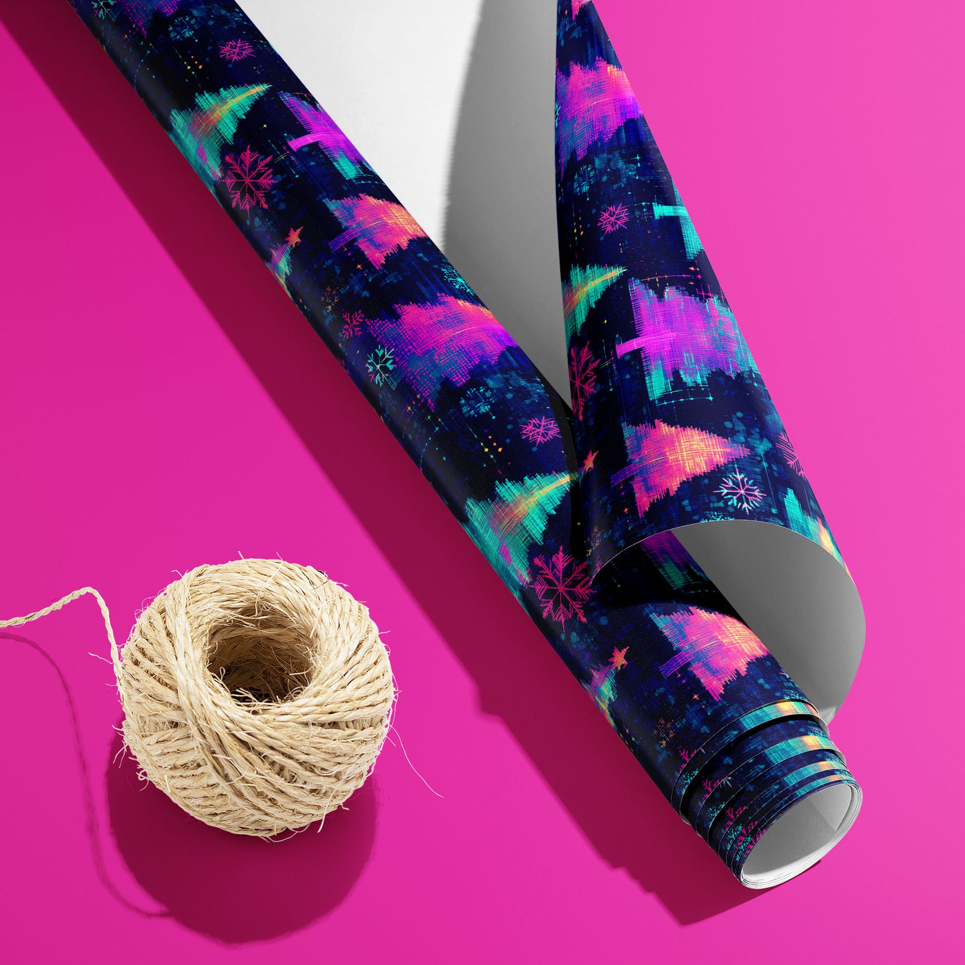 A partially unfurled roll of Electric Evergreen wrapping paper with the white underside visible beside a spool of natural twine on a hot pink background, featuring neon glitch trees and snowflakes.