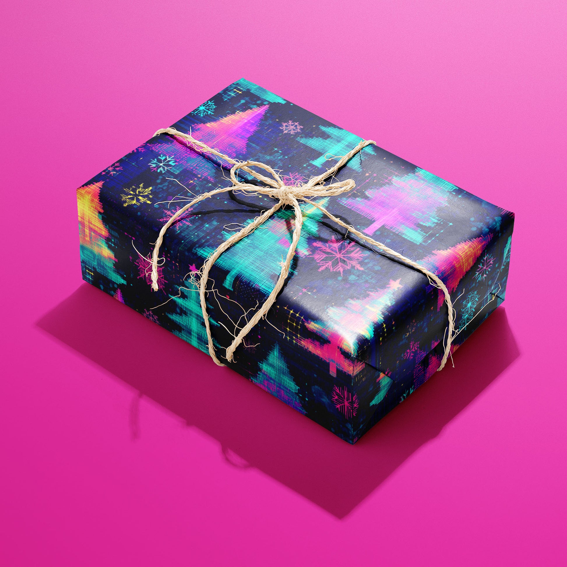 A single gift wrapped in Electric Evergreen paper, tied with a natural twine bow; neon glitch-style trees and snowflakes on deep navy pop against the hot pink surface.