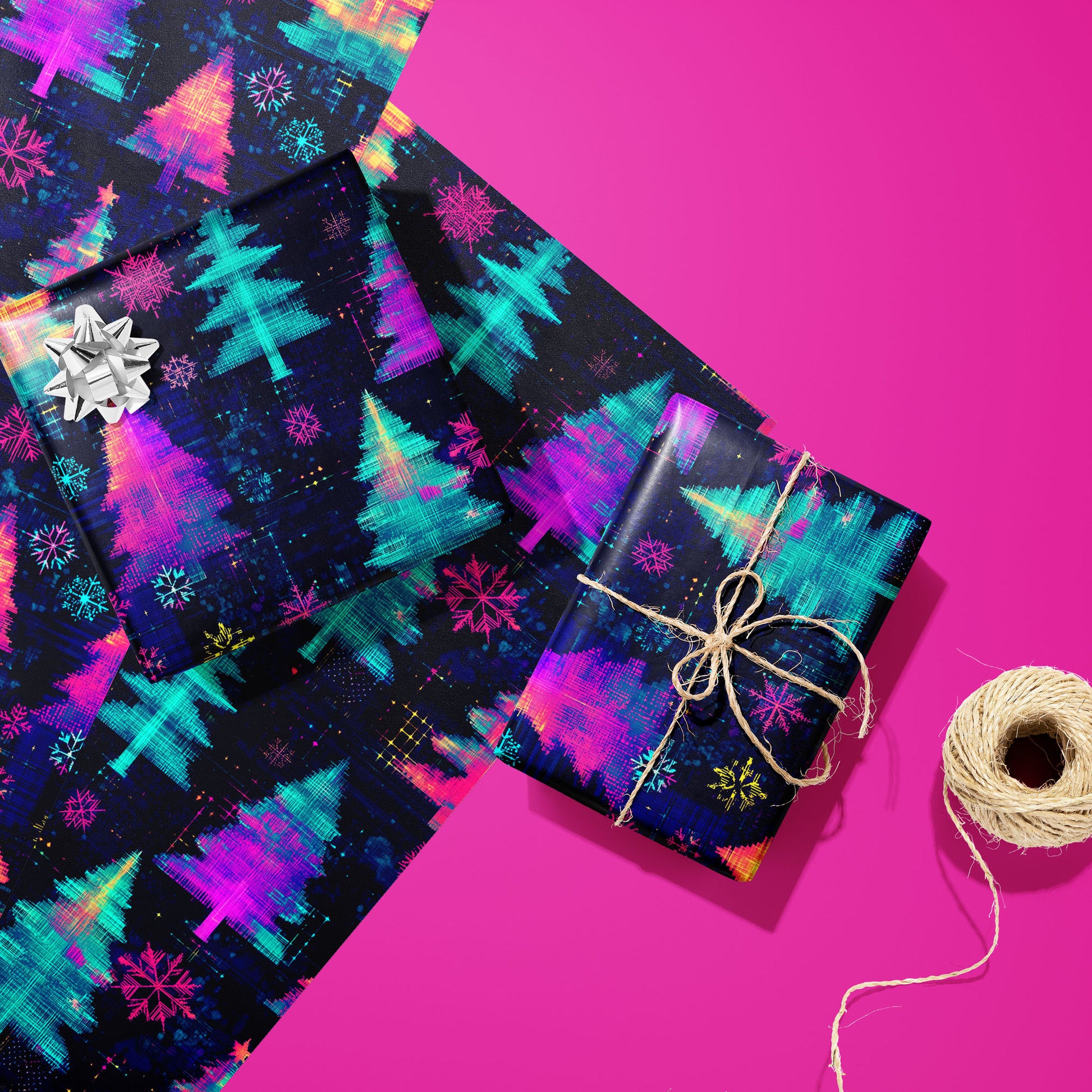 Two gifts wrapped in Electric Evergreen—one with a silver bow, one tied in natural twine—rest on two unused sheets beside a twine spool on a hot pink surface, showcasing neon glitch trees and snowflakes.