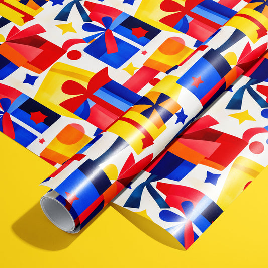 A roll of Vivid Vintage wrapping paper on an unrolled sheet, with retro gift boxes, bows, stars, and pinwheels in bold red, blue, and yellow on white, on a bright yellow background.