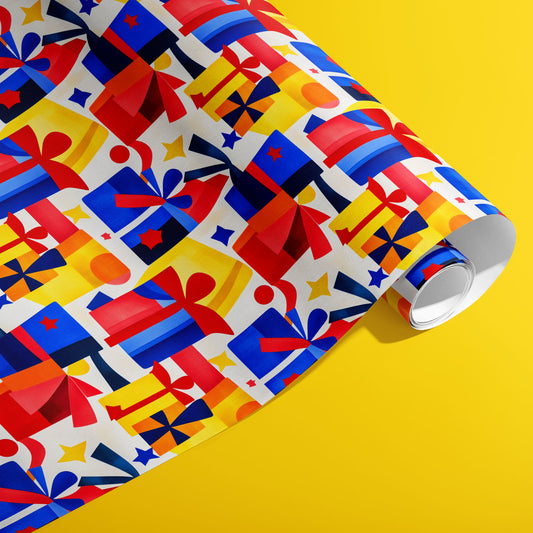 A partially unfurled roll of Vivid Vintage wrapping paper showing colorful retro gift boxes, ribbons, and stars in red, blue, and yellow on white, set against a bright yellow background.