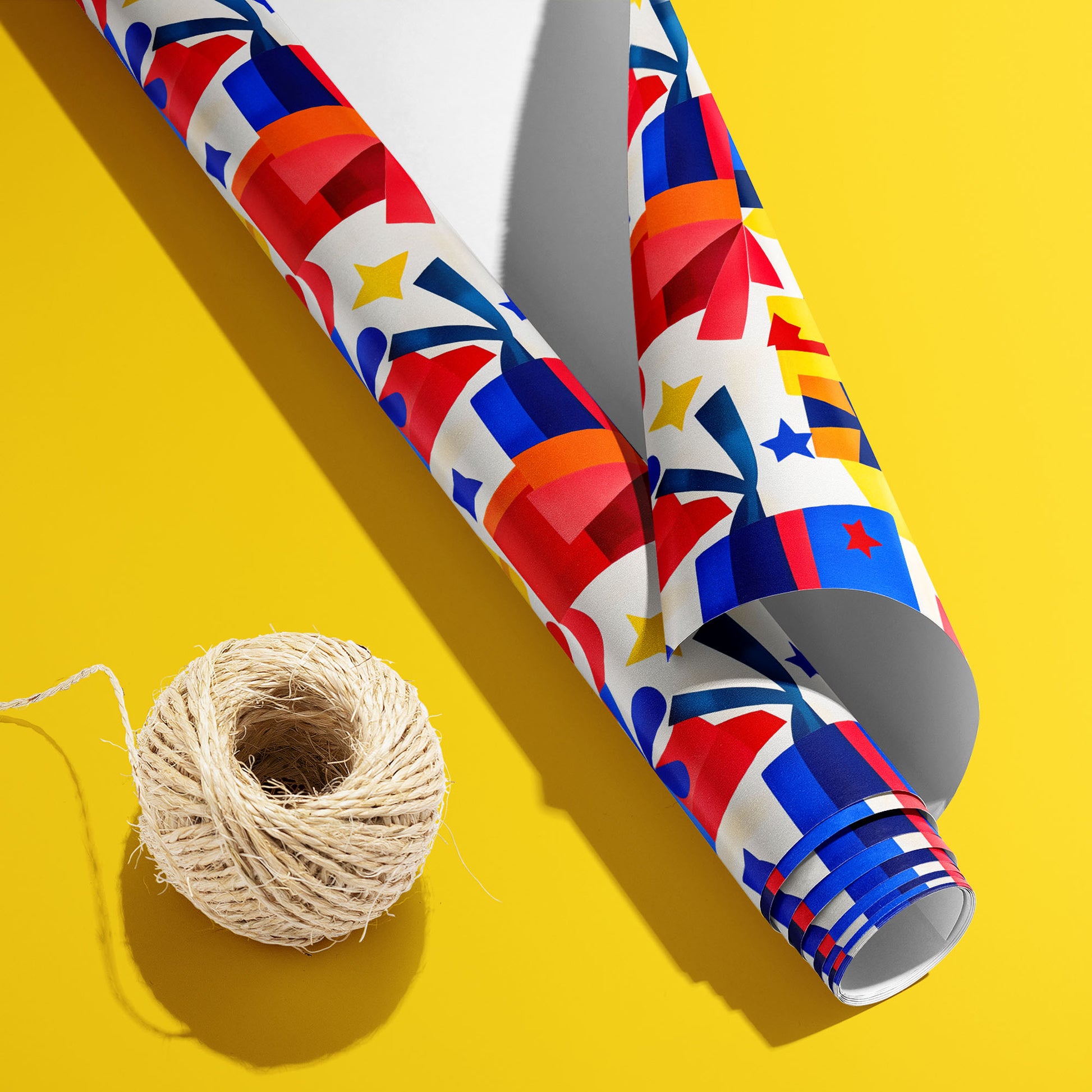 A partially unfurled roll of Vivid Vintage with its white underside visible beside a spool of natural twine, the retro gifts-and-stars print on white over a bright yellow background.