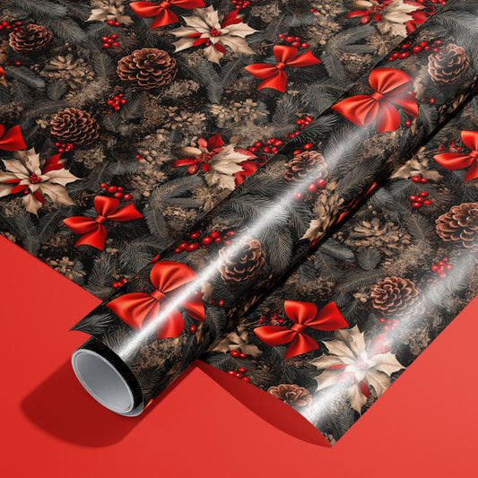 A roll of Classic Yuletide rests on a matching unrolled sheet, featuring traditional holly leaves, red berries, and vintage ornaments on a deep evergreen ground, on a rich red surface.