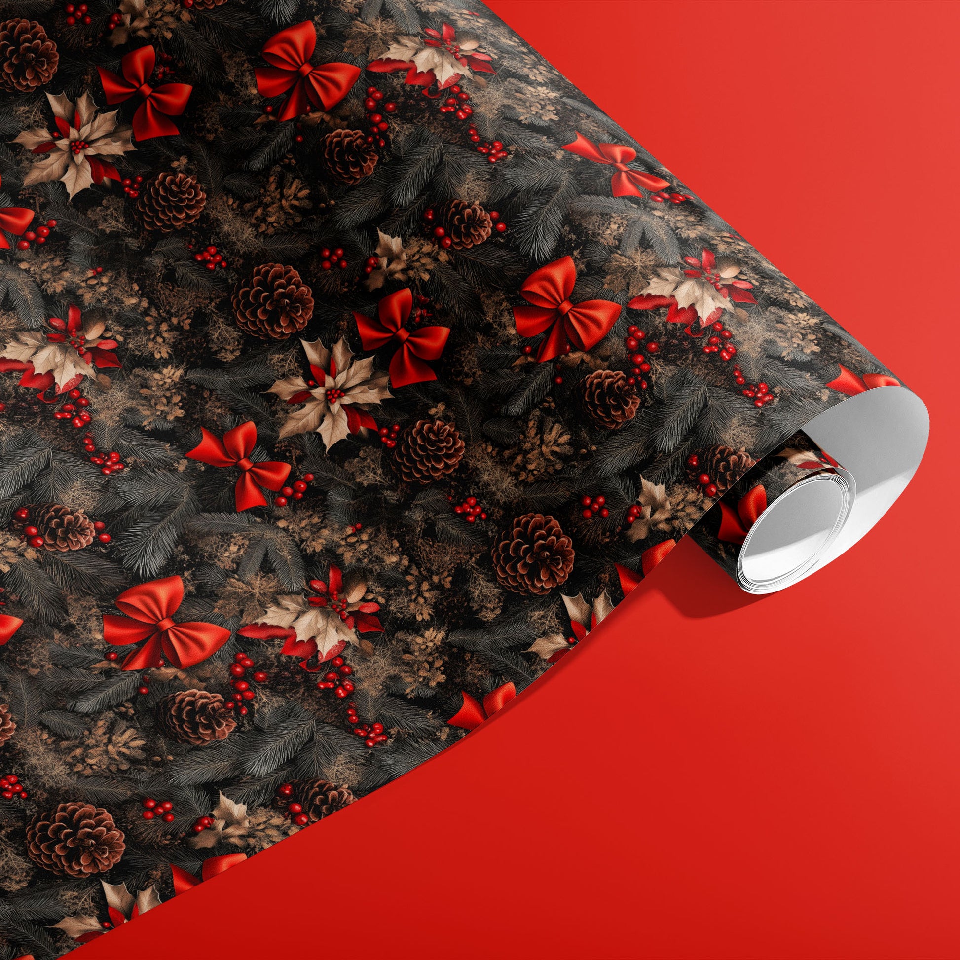 A partially unfurled roll of Classic Yuletide shows classic holly sprigs and old-world ornaments across a deep evergreen field against a rich red backdrop.