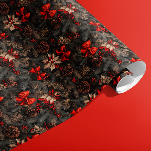 A partially unfurled roll of Classic Yuletide shows classic holly sprigs and old-world ornaments across a deep evergreen field against a rich red backdrop.