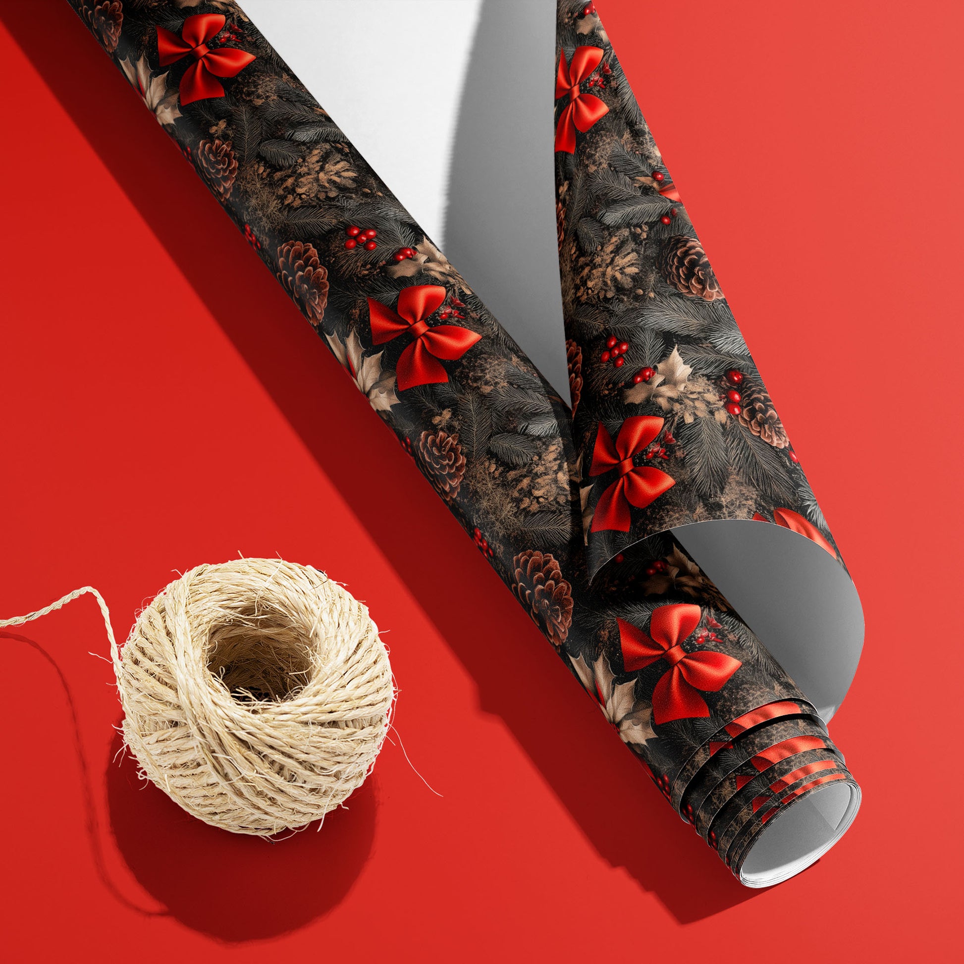 A partially unfurled roll of Classic Yuletide with the white underside visible sits beside natural twine on a rich red surface, revealing holly leaves, berries, and ornaments on evergreen.