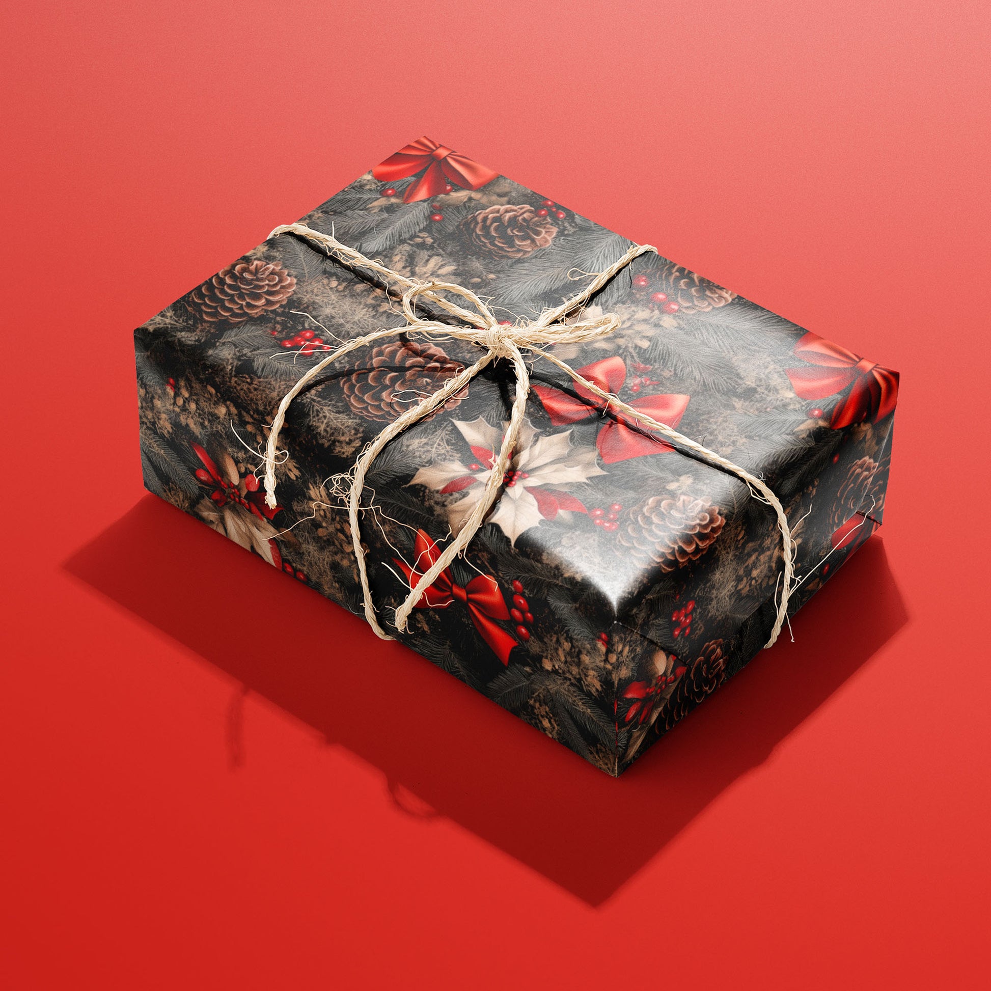 A single gift wrapped in Classic Yuletide and tied with natural twine displays holly sprigs and vintage ornaments on a deep evergreen ground against a rich red background.