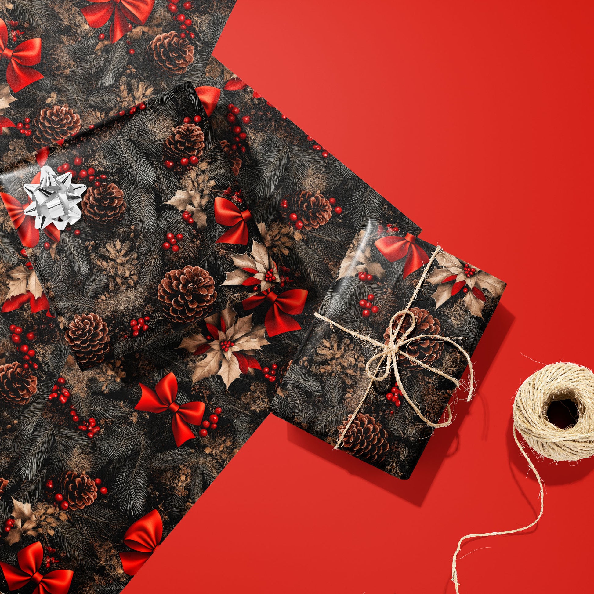 Two gifts in Classic Yuletide—one with a silver bow and one tied with twine—rest on two unused sheets with holly and ornaments on deep evergreen beside a twine spool on rich red.