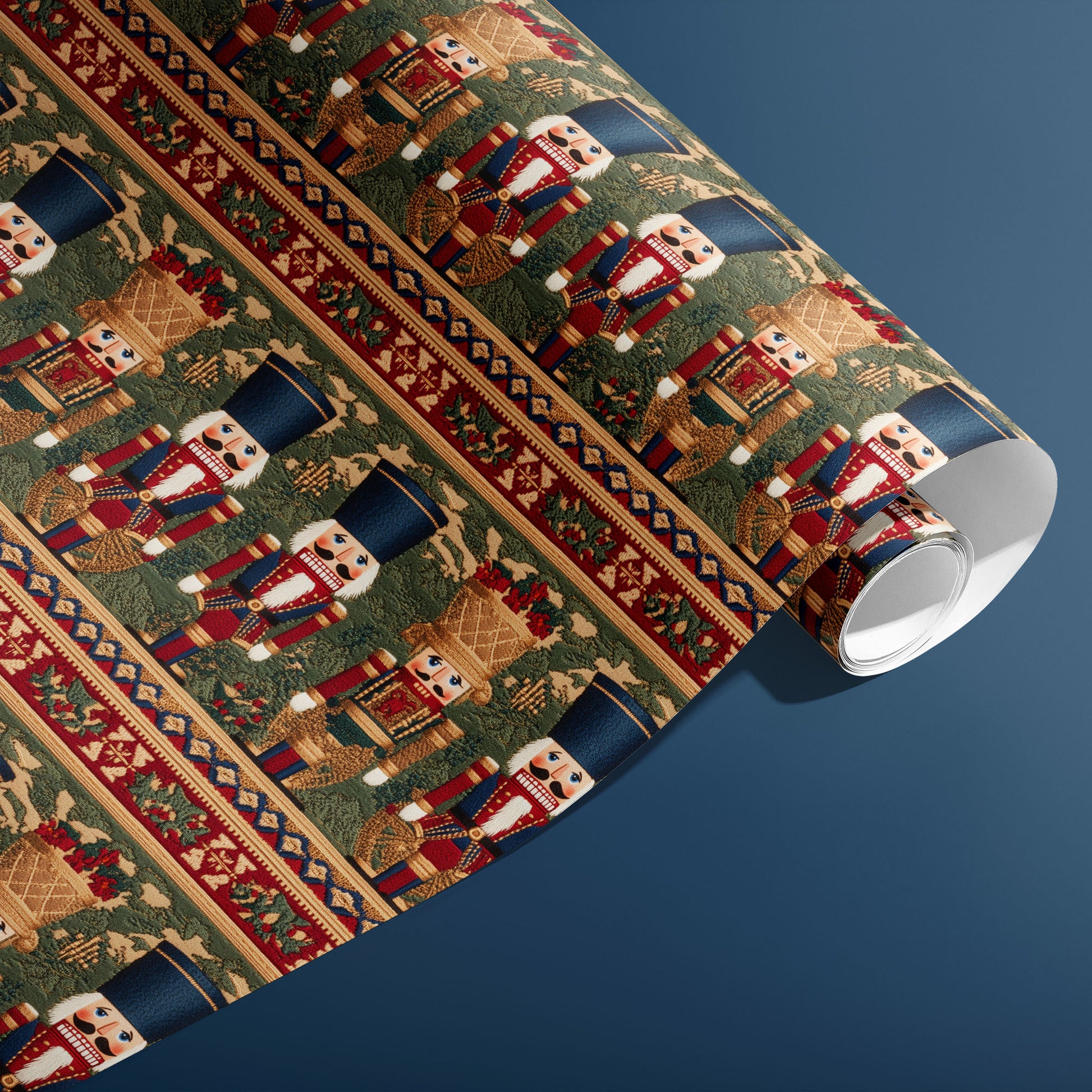 A partially unfurled roll of Regal Nutcrackers shows woven-look nutcrackers with holly and geometric borders in festive reds and golds against a deep steel blue background.