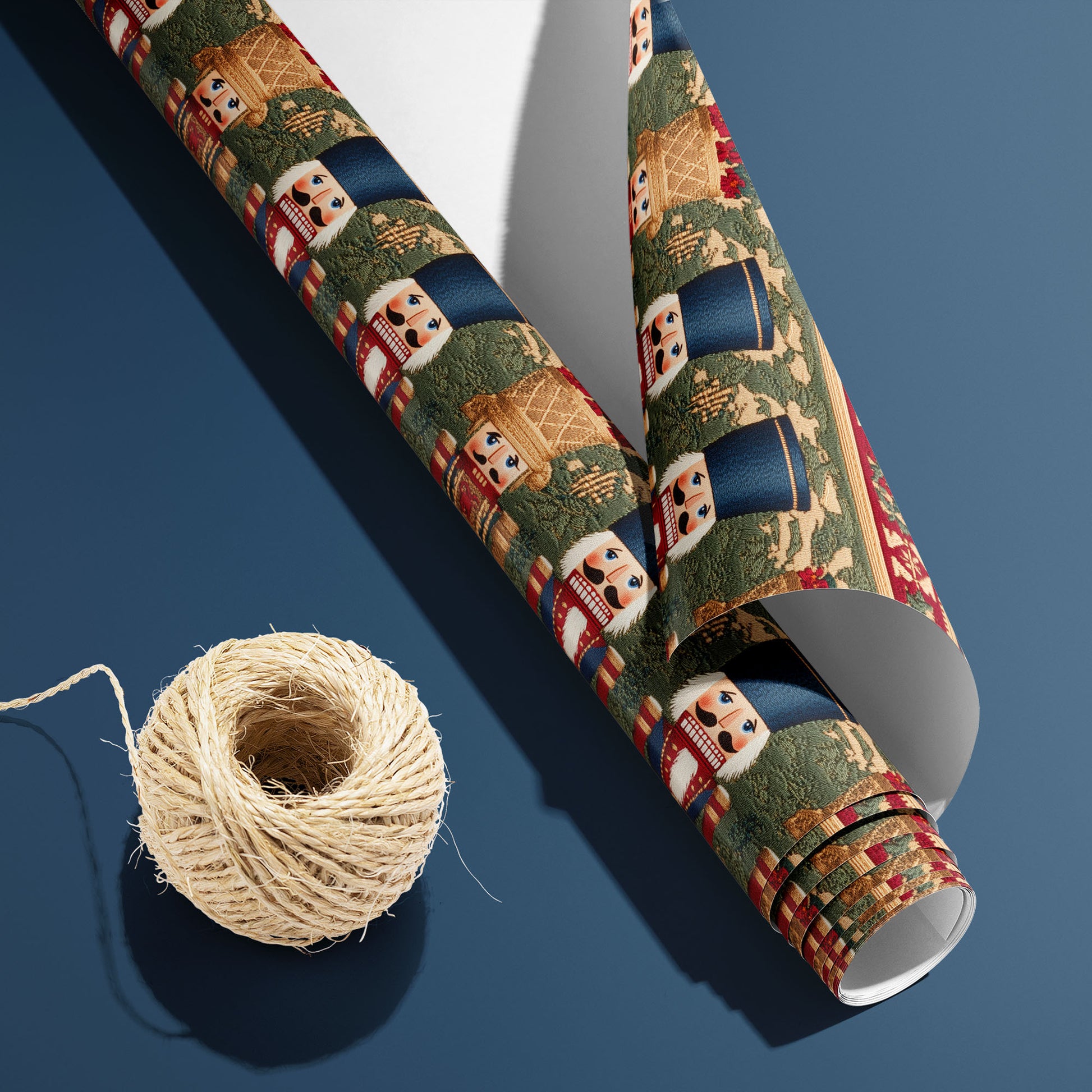 A partially unfurled roll of Regal Nutcrackers, white underside visible beside a spool of natural twine, displays tapestry nutcrackers and holly bands on a deep steel blue surface.