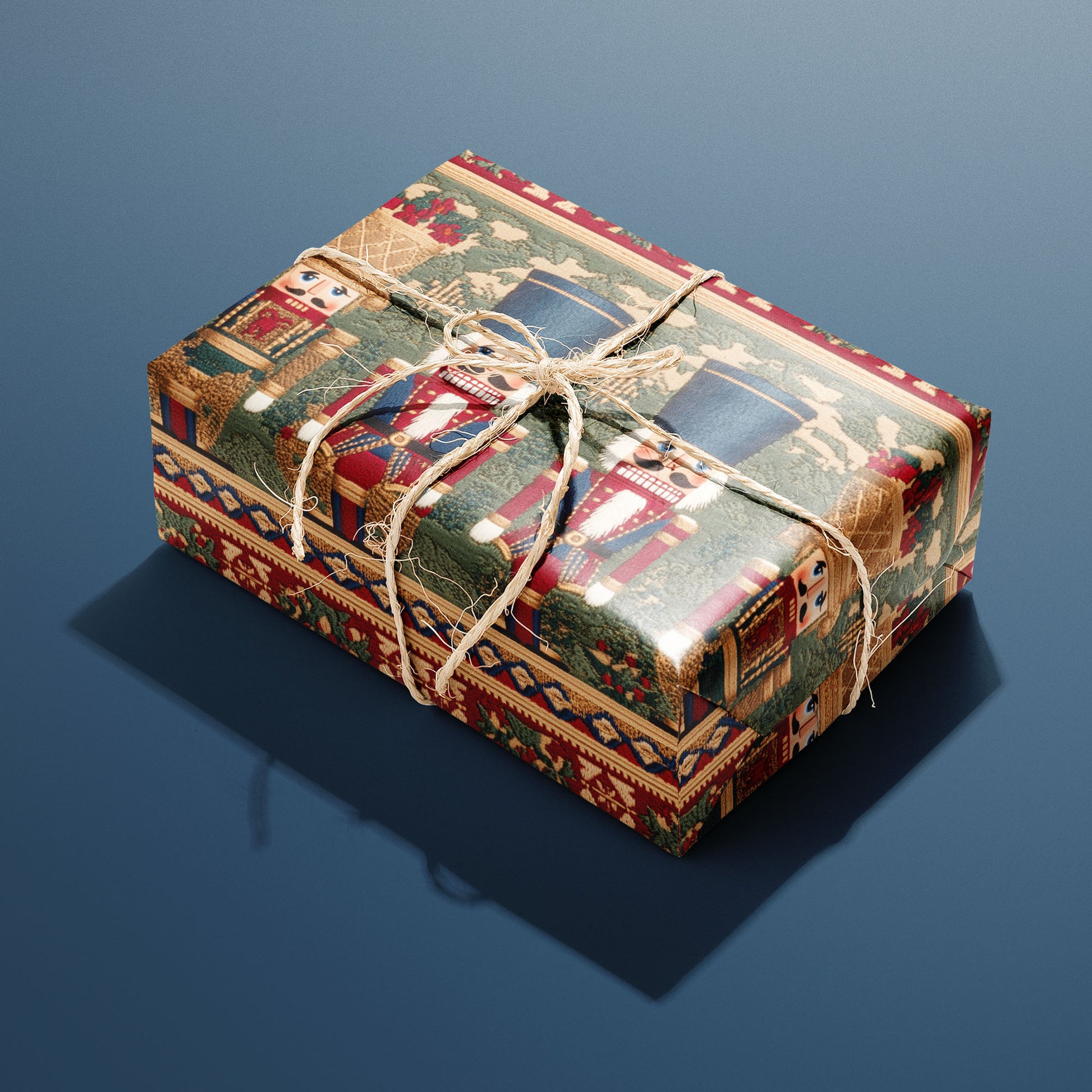 A single rectangular gift wrapped in Regal Nutcrackers and tied with natural twine highlights tapestry nutcrackers and holly borders in rich red and gold on a deep steel blue backdrop.