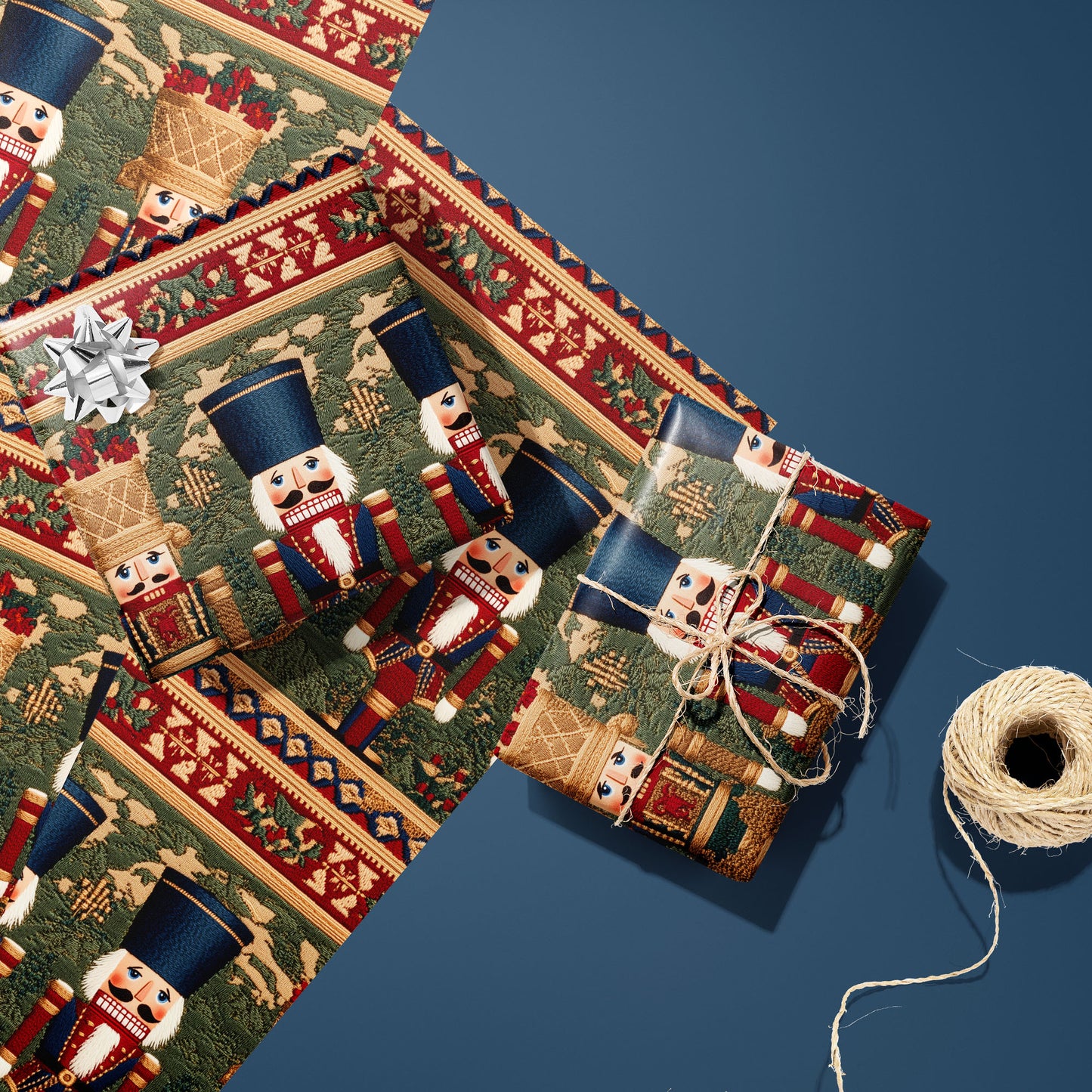 Two Regal Nutcrackers gifts—one with a silver bow and one tied with twine—rest on two unused sheets beside a twine spool on a deep steel blue surface, showing nutcrackers and holly bands.