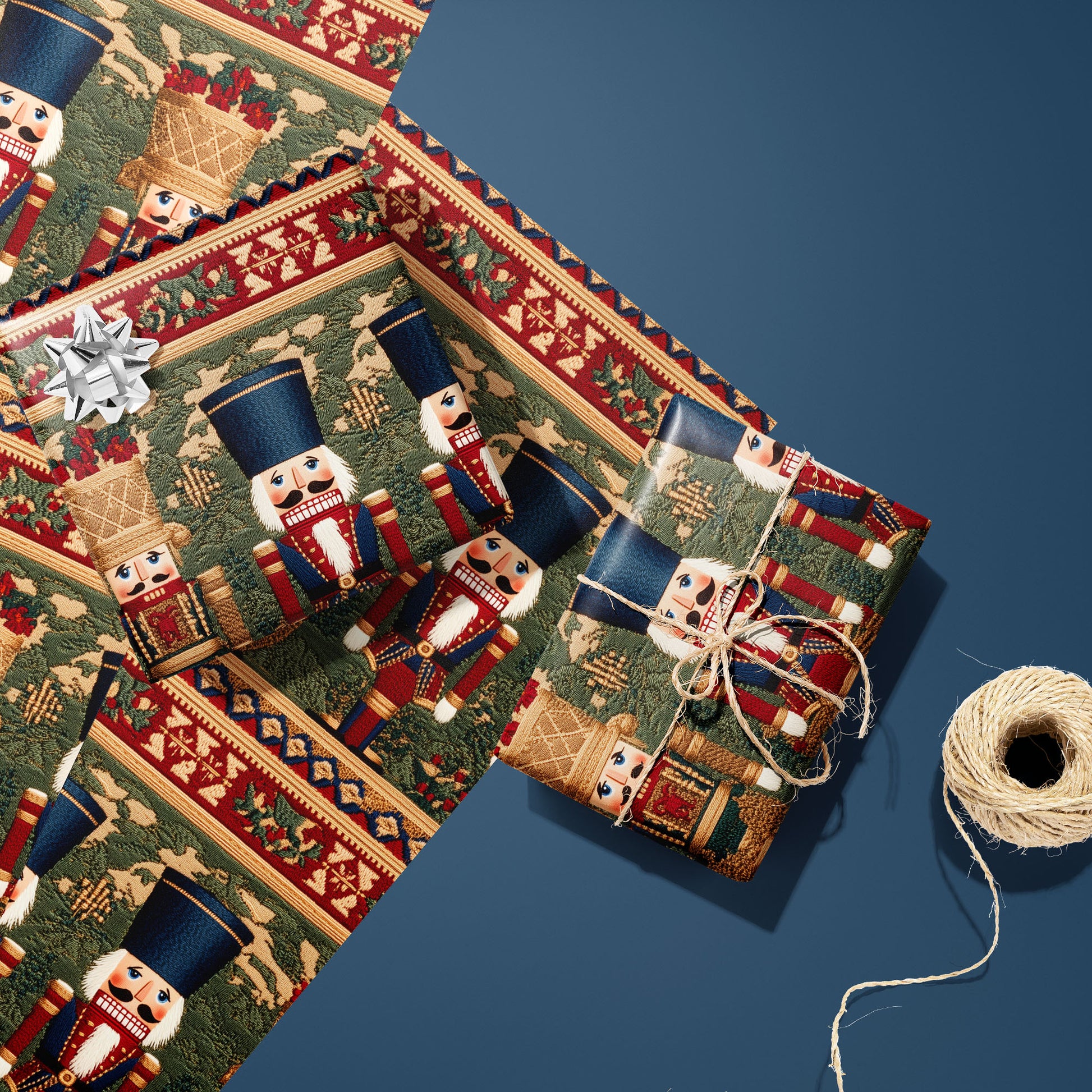 Two Regal Nutcrackers gifts—one with a silver bow and one tied with twine—rest on two unused sheets beside a twine spool on a deep steel blue surface, showing nutcrackers and holly bands.