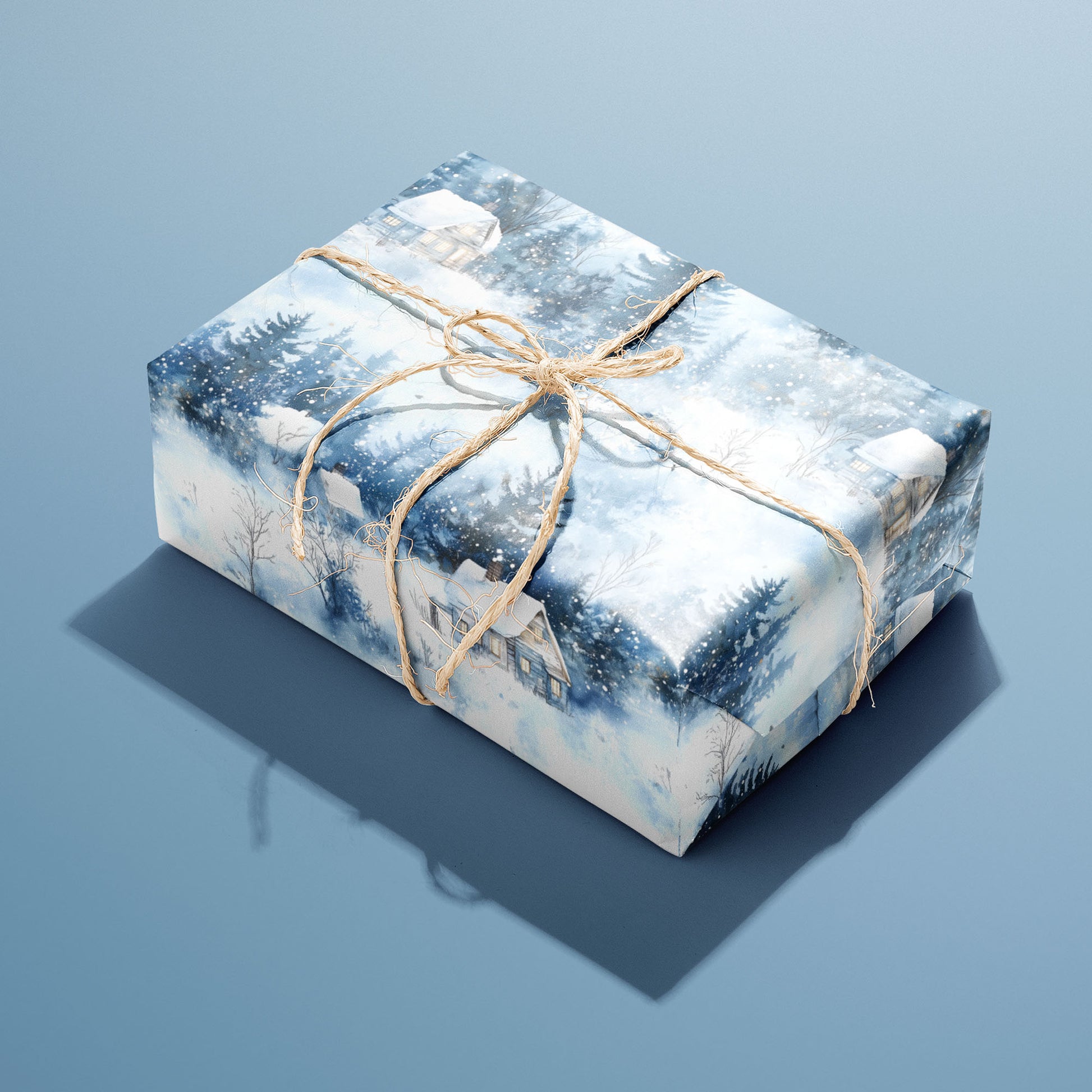 A single rectangular gift wrapped in Winter's Calm paper—watercolor cabins, pines, and snowfall—tied with natural twine on a dusty blue background.