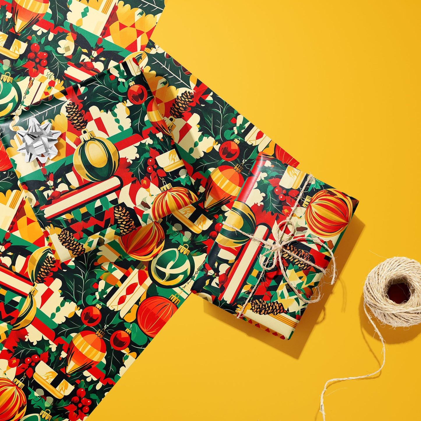 Two gifts wrapped in Merry Midcentury ornament-patterned paper, one tied with twine and one topped with a silver bow, resting on extra sheets beside twine on a yellow background.
