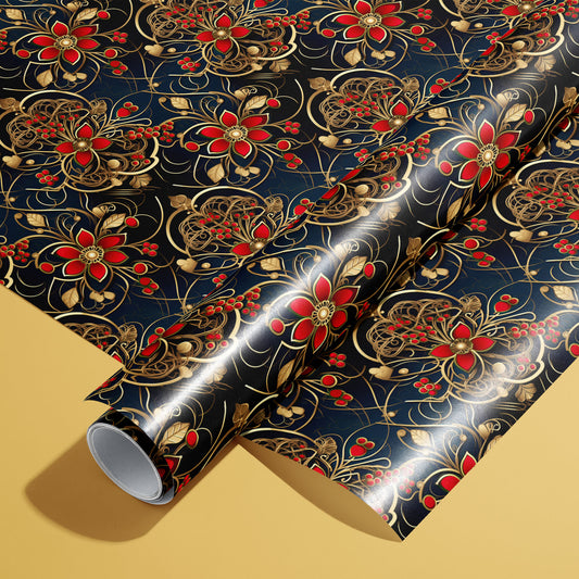 A roll of Arabesque Tapestry wrapping paper rests on a matching unrolled sheet, with gold arabesque scrolls, red florals, and berries on deep navy, on a warm golden backdrop.