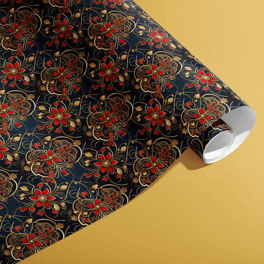 A partially unfurled roll of Arabesque Tapestry shows ornate gold filigree with red flower clusters on deep navy against a warm golden background.