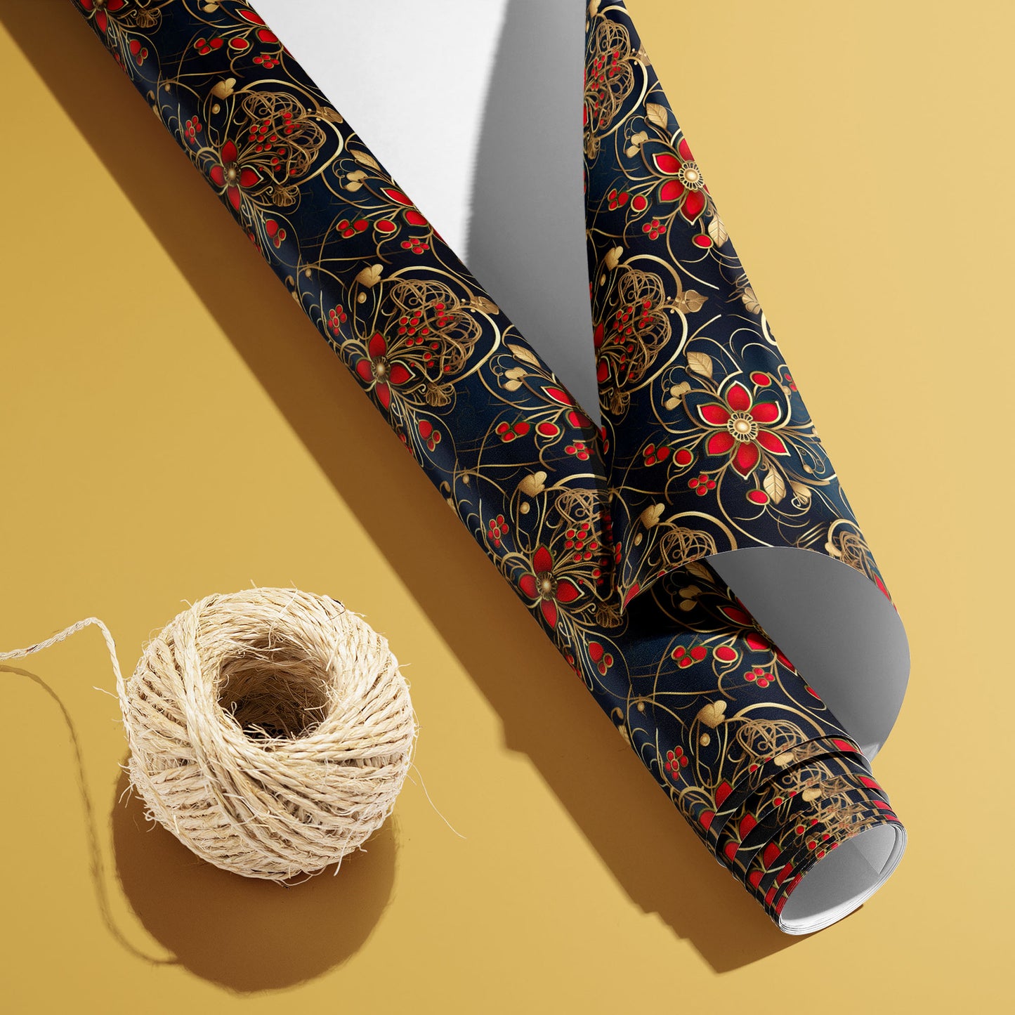 A partially unfurled roll of Arabesque Tapestry with the white underside visible sits beside natural twine on warm gold, revealing red florals and gold scrolls on deep navy.