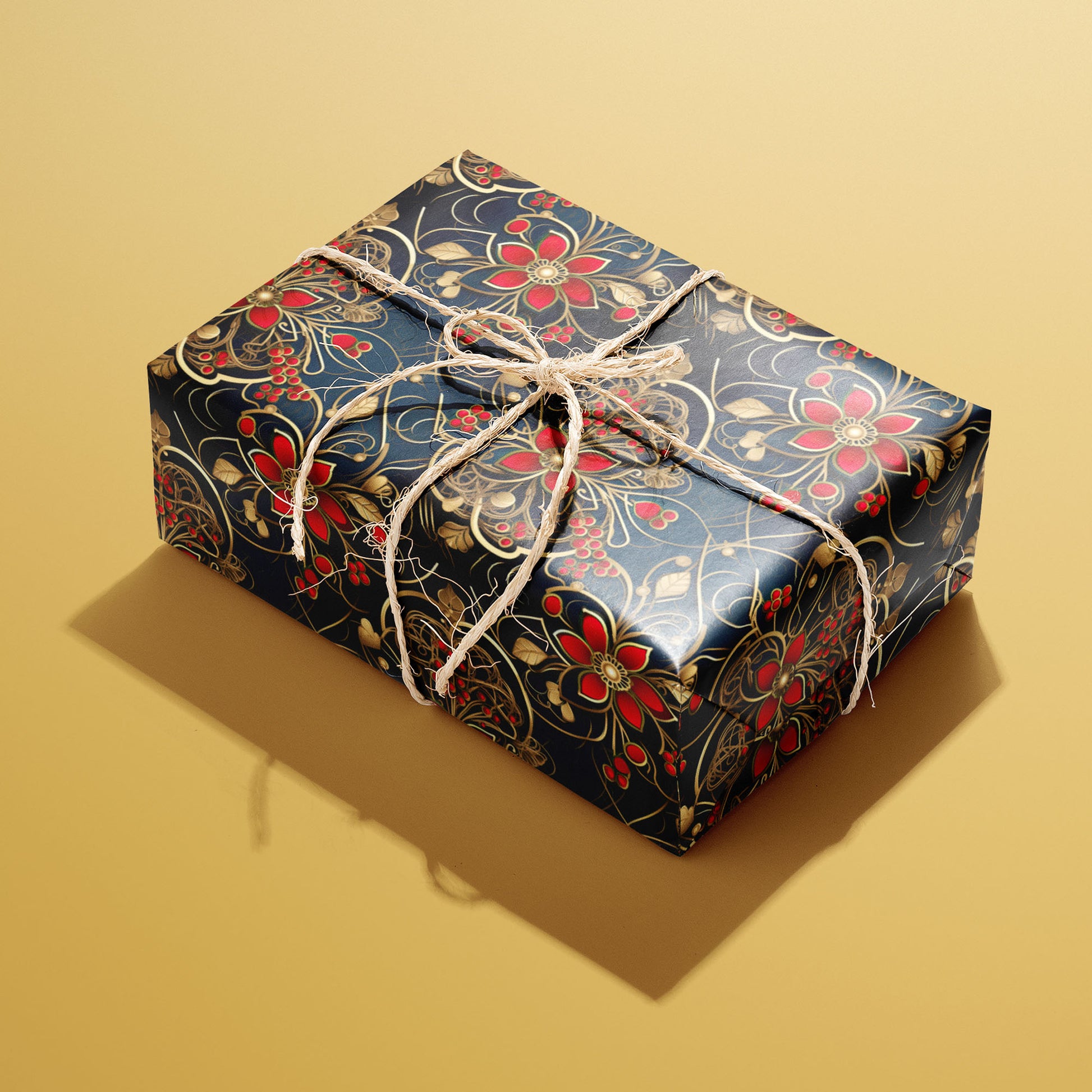 A single gift wrapped in Arabesque Tapestry and tied with natural twine displays gold arabesque filigree with red blossoms on deep navy against a warm golden background.