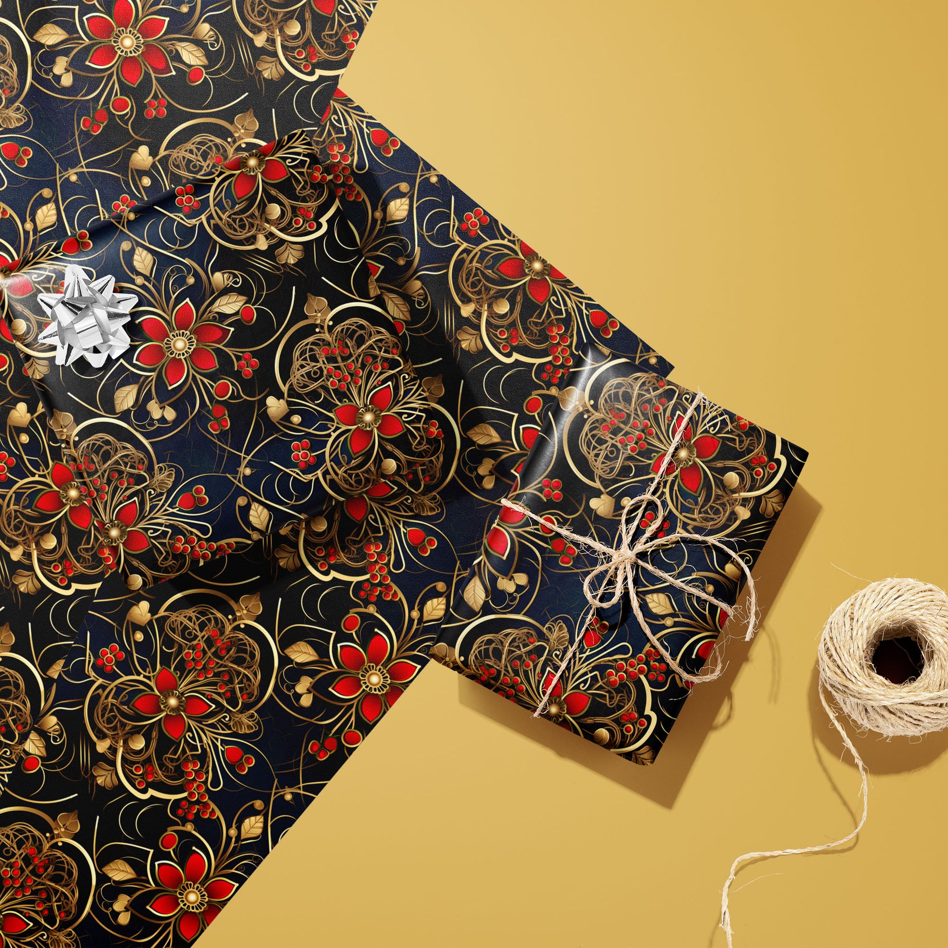 Two gifts in Arabesque Tapestry—one with a silver bow and one tied with twine—rest on two unused sheets with gold filigree and red florals on deep navy beside twine on warm gold.