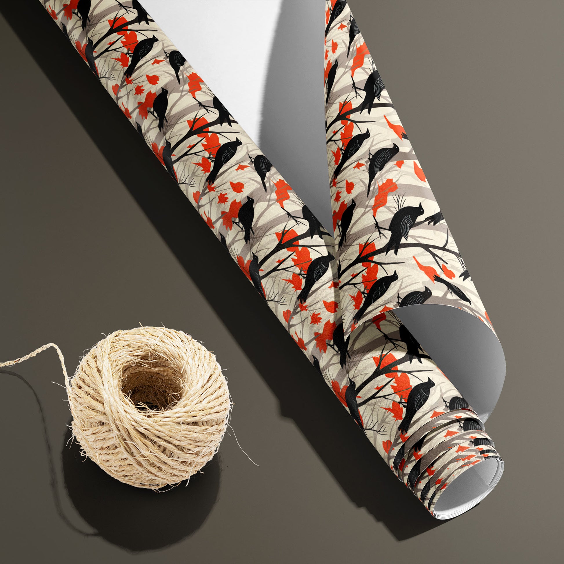 A partially unfurled Raven's Reverie roll with the white underside visible beside a spool of natural twine, featuring ravens and red leaves over taupe trees on a smoky taupe background.