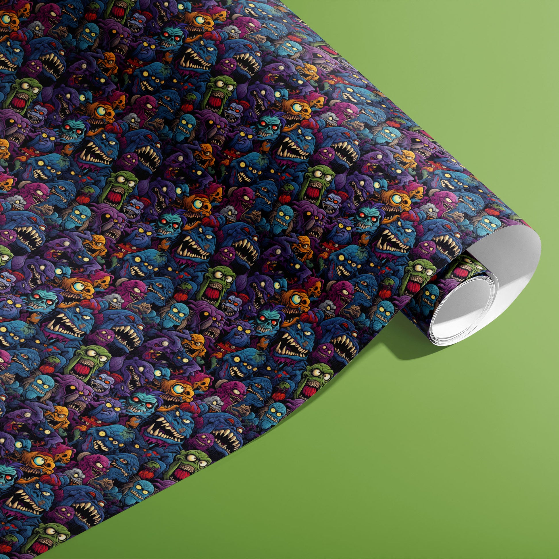 A partially unfurled roll of Odd Monsters gift wrap displays dense, comic monsters with grins and googly eyes on a dark ground against an olive green background.